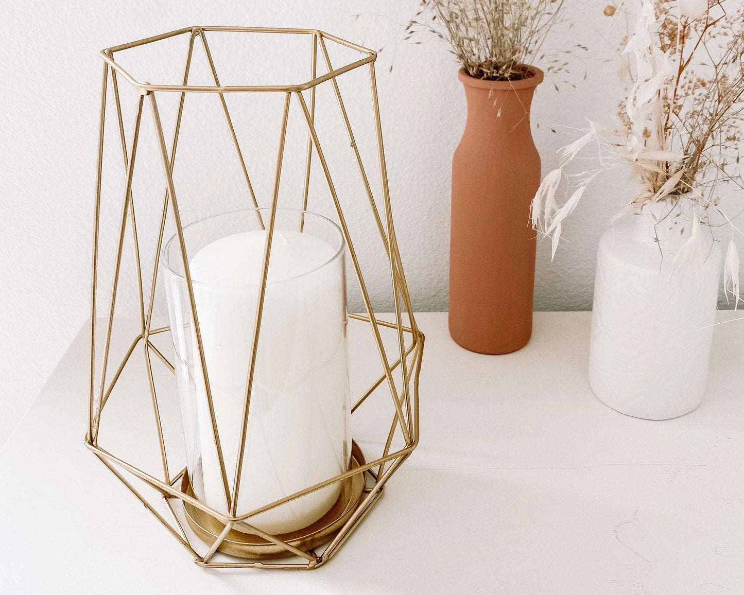 Arlyn Gold Metal Geometric Lantern Vase (Includes Glass Hurricane for Candle)