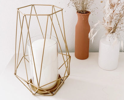 Arlyn Gold Metal Geometric Lantern Vase (Includes Glass Hurricane for Candle)