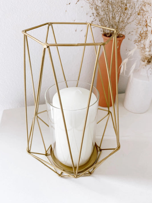 Arlyn Gold Metal Geometric Lantern Vase (Includes Glass Hurricane for Candle)